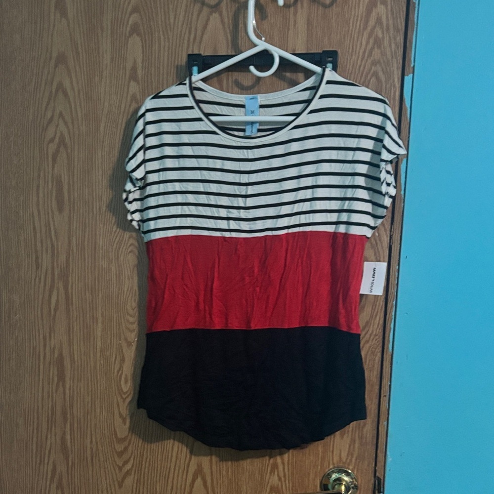 Source Unknown Black, White, and Red Striped Women's Tee